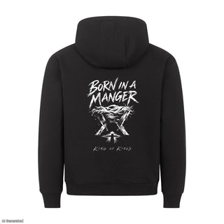 Born in a Manger King of Kings Christmas Hoodie Backprint Schwarz