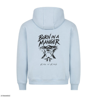 Born in a Manger King of Kings Christmas Hoodie Backprint Babyblau