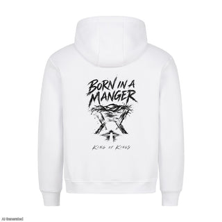 Born in a Manger King of Kings Christmas Hoodie Backprint Weiß