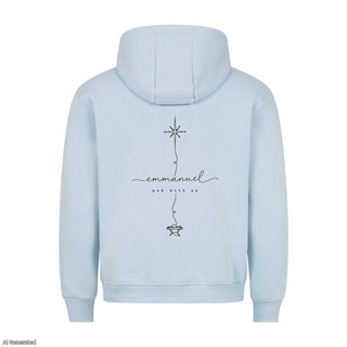 Emmanuel God With Us Line Art Christmas Hoodie Backprint Babyblau