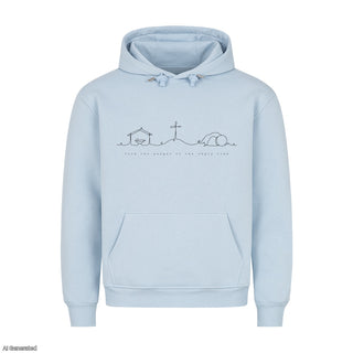 From the Manger to the Empty Tomb Christmas Hoodie Babyblau