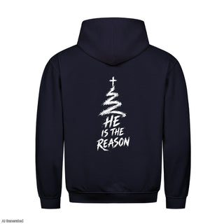 He Is the Reason Christmas Hoodie Backprint Navy