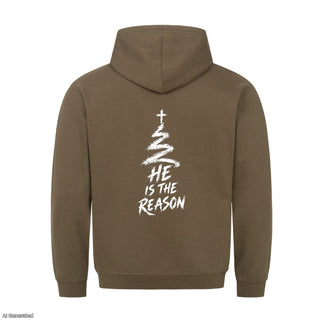 He Is the Reason Christmas Hoodie Backprint Olive
