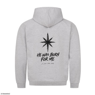He Was Born for Me Christmas Hoodie Backprint Grau