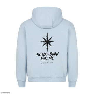 He Was Born for Me Christmas Hoodie Backprint Babyblau