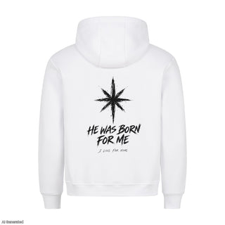 He Was Born for Me Christmas Hoodie Backprint Weiß
