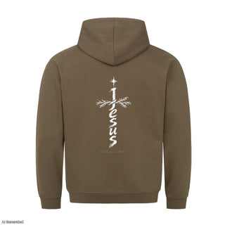 Jesus Born to Save Christmas Hoodie Backprint Olive