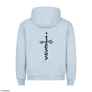 Jesus Born to Save Christmas Hoodie Backprint Babyblau