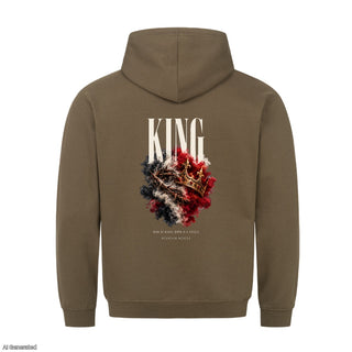 King of Kings Born in a Stable Christmas Hoodie Backprint Olive