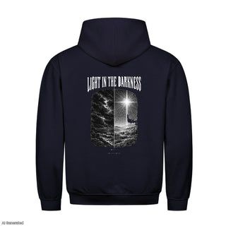 Light in the Darkness Christmas Hoodie Backprint Navy