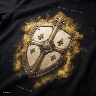 Hilfe und Schild T-Shirt, Schwarz, Nahaufnahme des Rückenprints