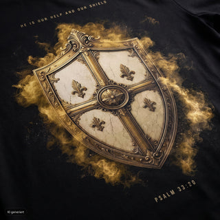 Our Help And Our Shield Frauenshirt, Schwarz, Nahaufnahme des Rückenprints