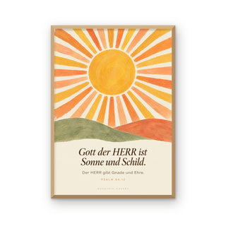 Poster Sonne im Holzrahmen, Psalm 84:12, A4