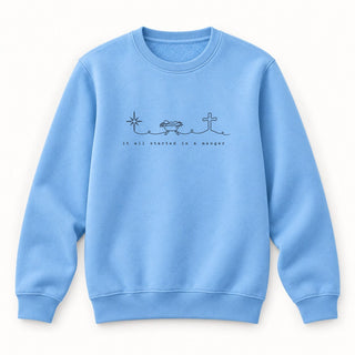 It All Started in a Manger Christmas Sweatshirt Babyblau