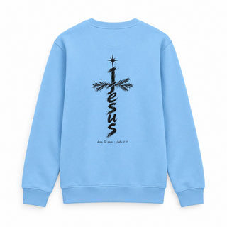 Jesus Born to Save Christmas Sweatshirt Backprint Babyblau