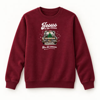 Jesus is the Reason Truck Christmas Sweatshirt Burgunder