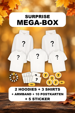 Surprise Mega-Box: 2 Oversize-Hoodies, 3 Oversize-Shirts, Armband, 10 Postkarten und 5 Sticker