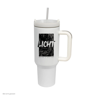 Licht Thermobecher mit dunklem Panel und Pinselschrift
