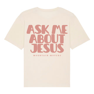 Ask me about Jesus Vintage Oversized Shirt BackPrint Detailansicht, Mountain Movers christliche Streetwear